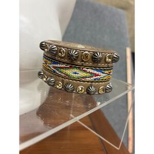 Western Leather Cuff Bracelet Woven Textile Concho Studs Rhinestones Tan 8.5"